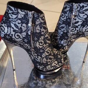 Gianmarco Lorenzi Black and Silver Lace Heeled Boots